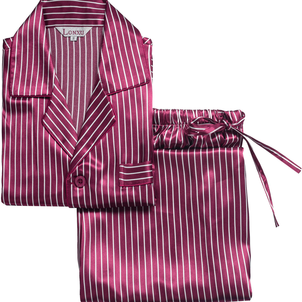 Lonxu Pajamas Set Mens Silk Satin Pajamas Long Sleeve Loungewear Two-Piece Sleepwear Button-Down Pj Set S-XXXXL