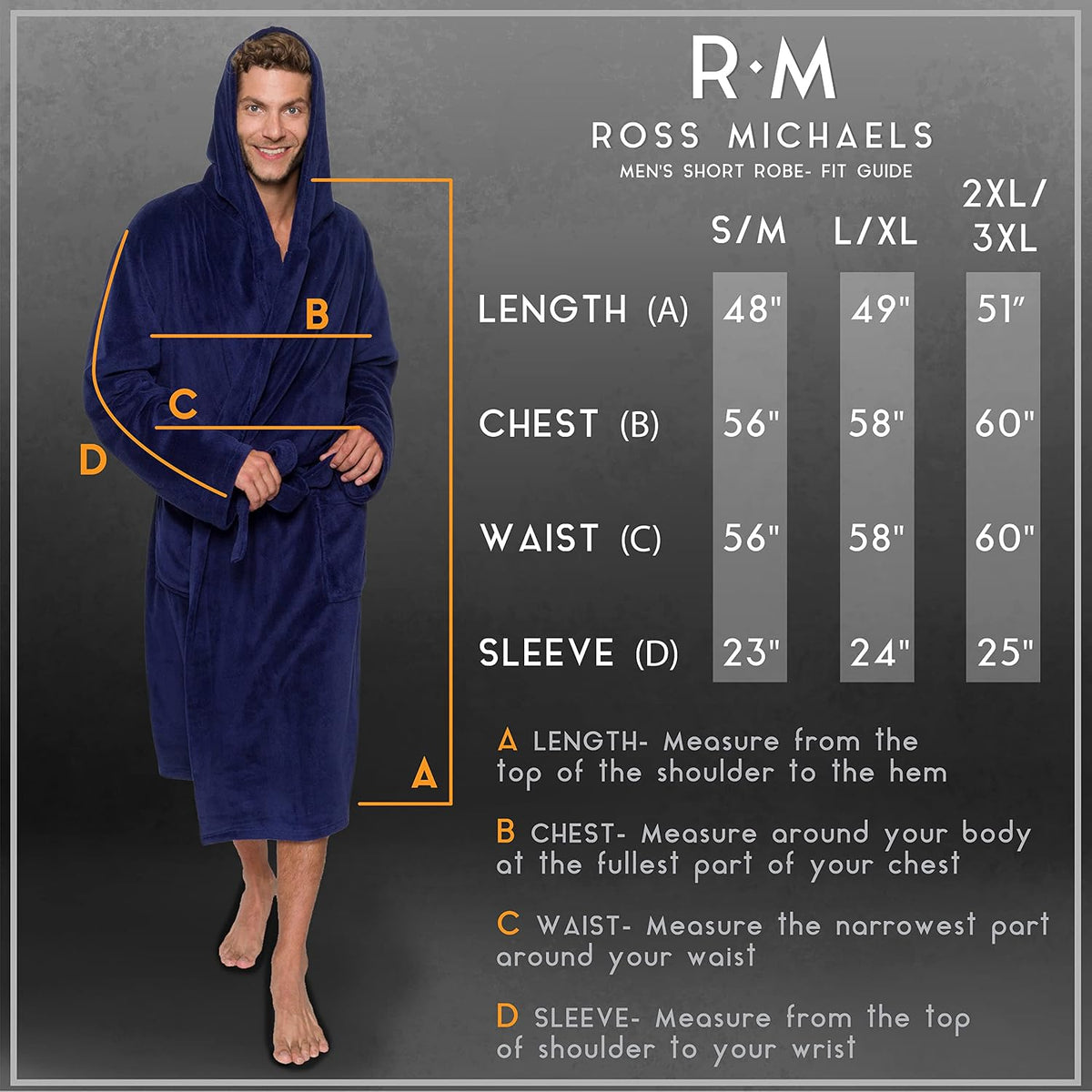 Ross Michaels Mens Robe Hooded Wrap Style - Mid Length Plush Fleece Bathrobe