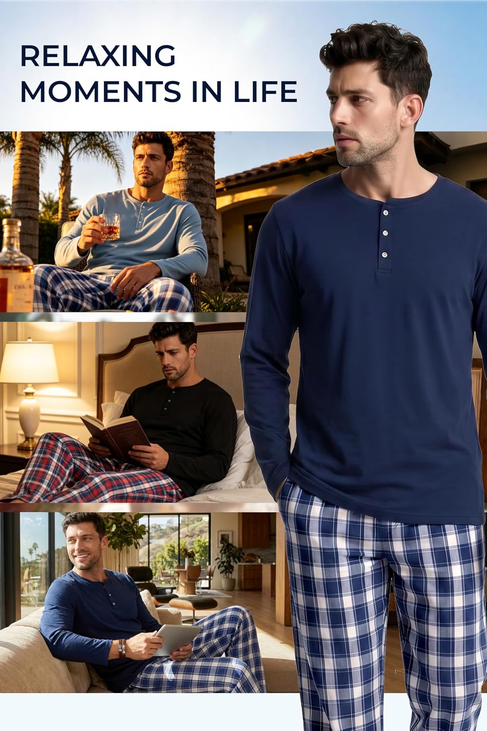 Vulcanodon Mens 100% Cotton Pajamas Set Cozy 2 Piece with Plaid Pants Pjs