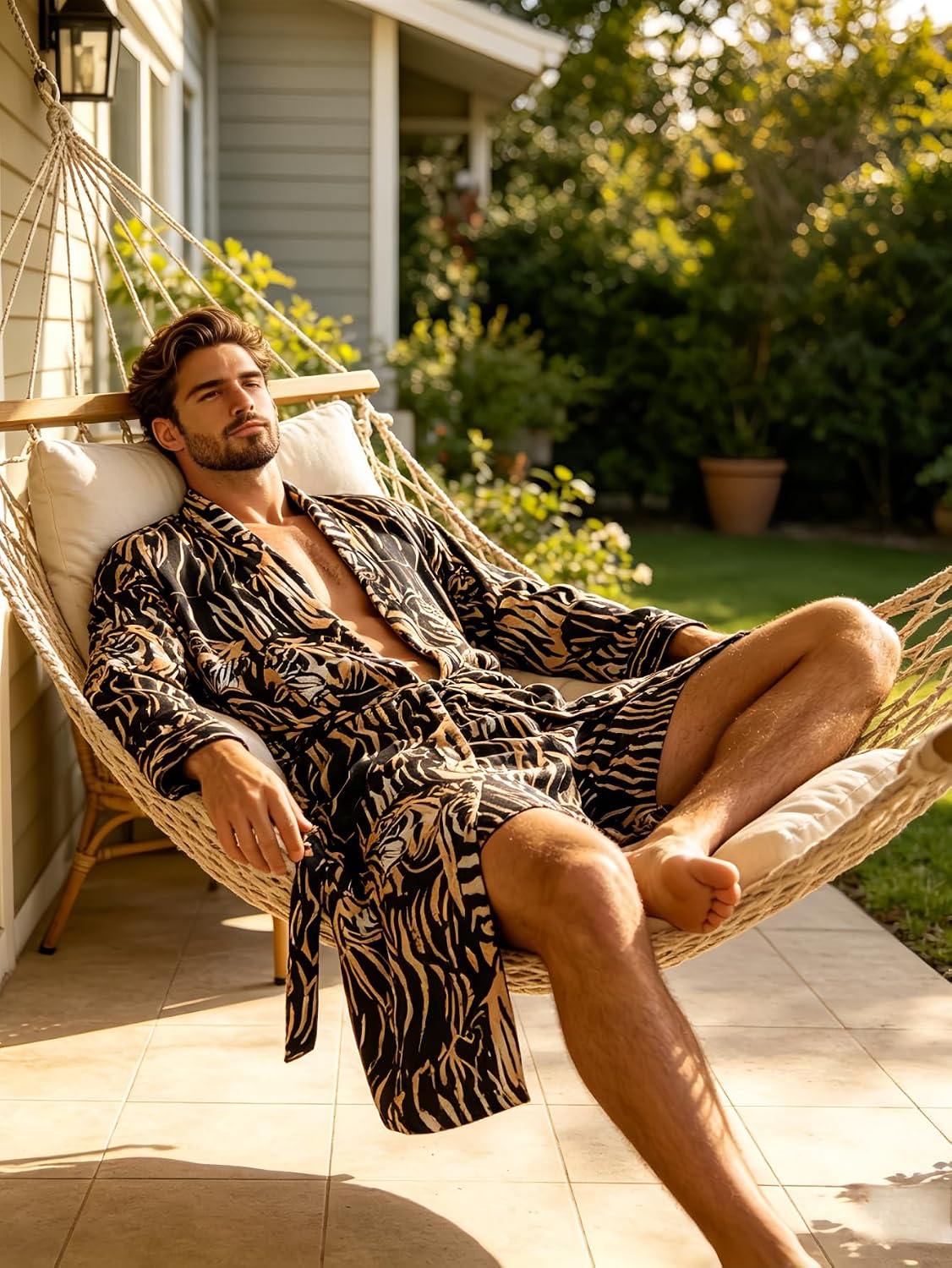 Men's Luxury Satin Robe with Tiger Print Pattern, Long Sleeve Kimono Style Bathrobe, 2 Pack