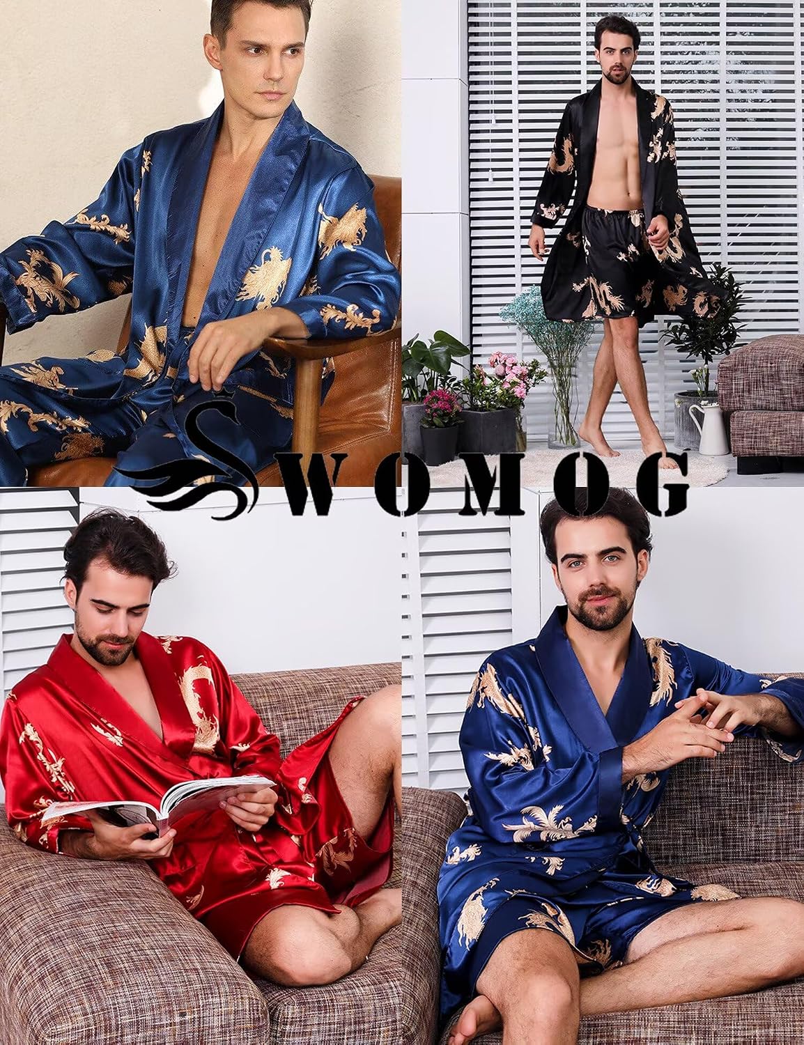 SWOMOG 3Pcs Men's Satin Robe Silk Satin Kimono Bathrobe with Shorts&Pants Set Soft Lightweight Nightwear