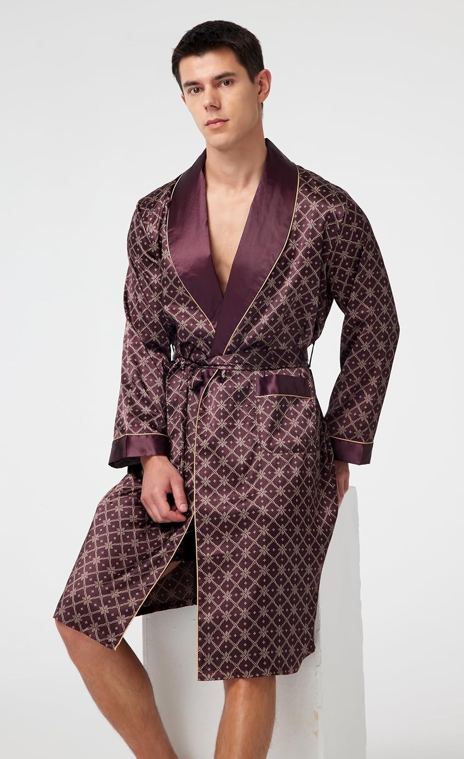 Mens Satin Robe Long Sleeve Silk Kimono Bathrobe with Shorts Set Sleepwear