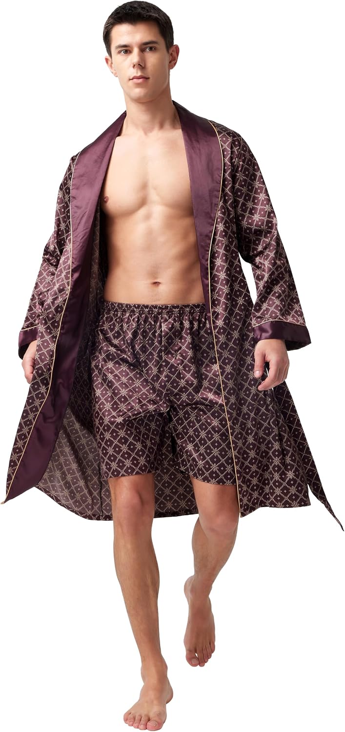 Mens Satin Robe Long Sleeve Silk Kimono Bathrobe with Shorts Set Sleepwear