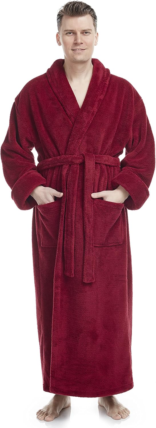 Arus Men's Shawl Collar Full Length Tall Long Fleece Robe, Turkish Bathrobe
