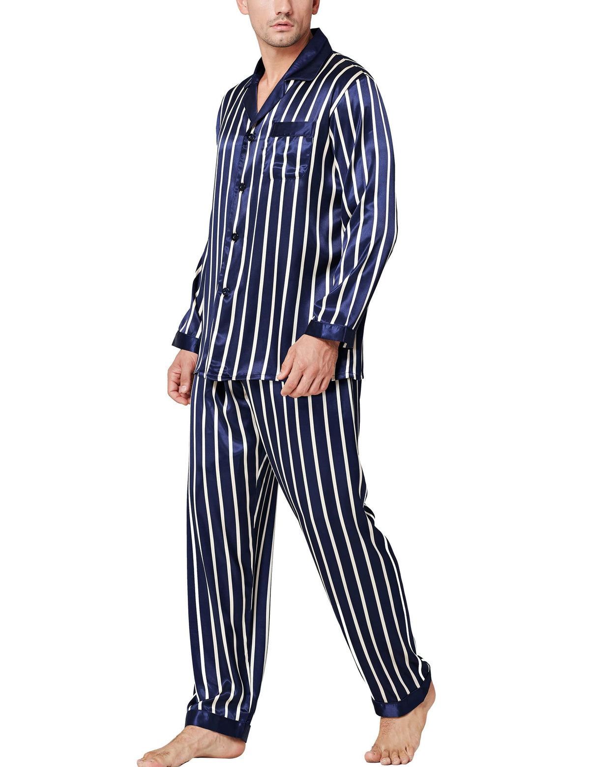 Lonxu Pajamas Set Mens Silk Satin Pajamas Long Sleeve Loungewear Two-Piece Sleepwear Button-Down Pj Set S-XXXXL