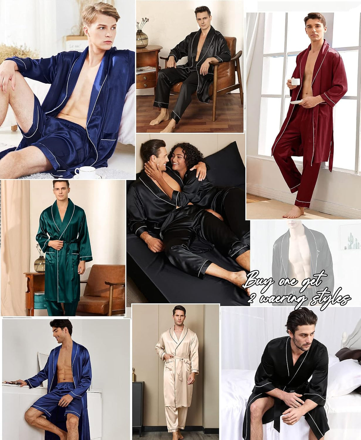 SWOMOG Men's Satin Robe 3 Pcs Silky Kimono Bathrobe Set Lightweight Soft Loungewear Nightwear
