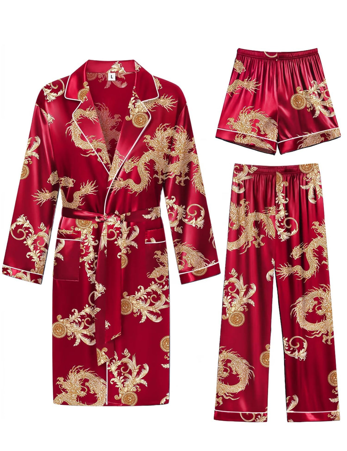 SWOMOG Men's 3 Pcs Robe Silk Satin Bathrobe with Shorts&Pants Set Soft Sleepwear Lightweight Loungewear