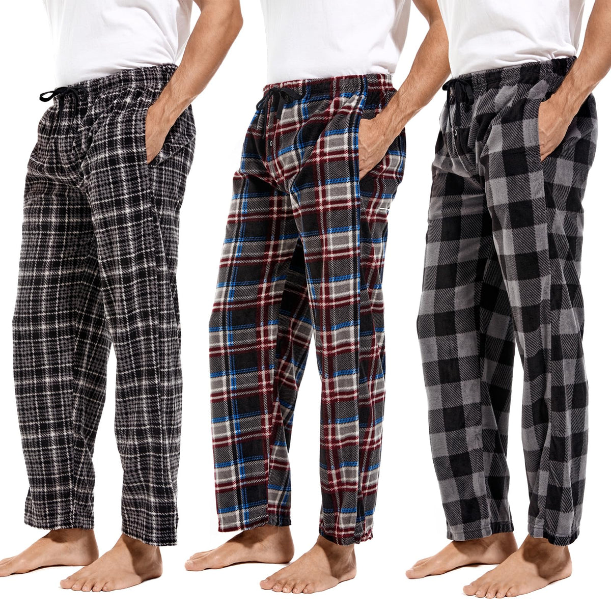 DG Hill 1Pack or 3Pack Mens PJ Pajama Pants Bottoms Fleece Lounge Pants Sleepwear Plaid PJs with Pockets Microfleece