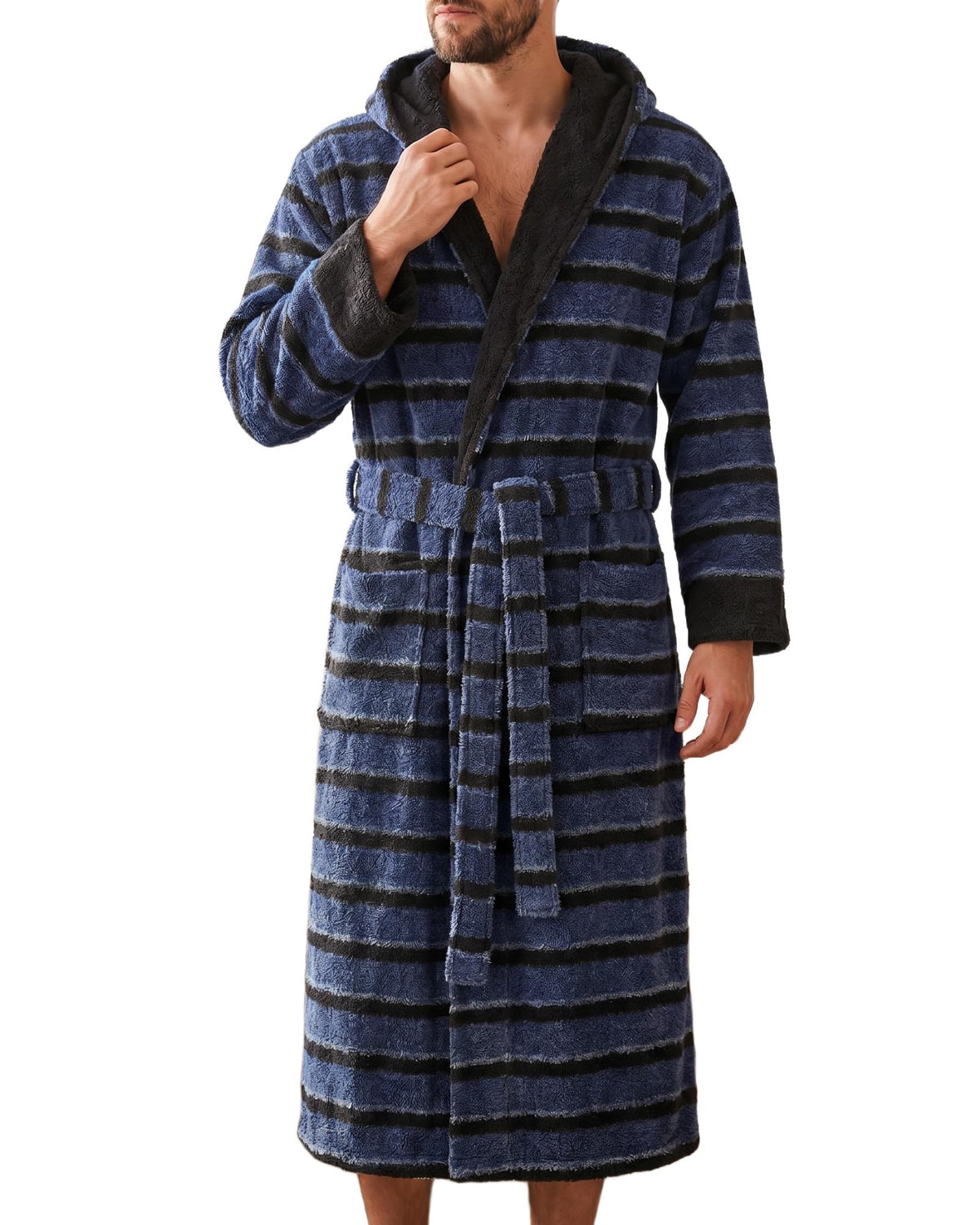 Vulcanodon Men Robe Hooded Striped Bathrobe Soft Plush Spa Robe Pockets