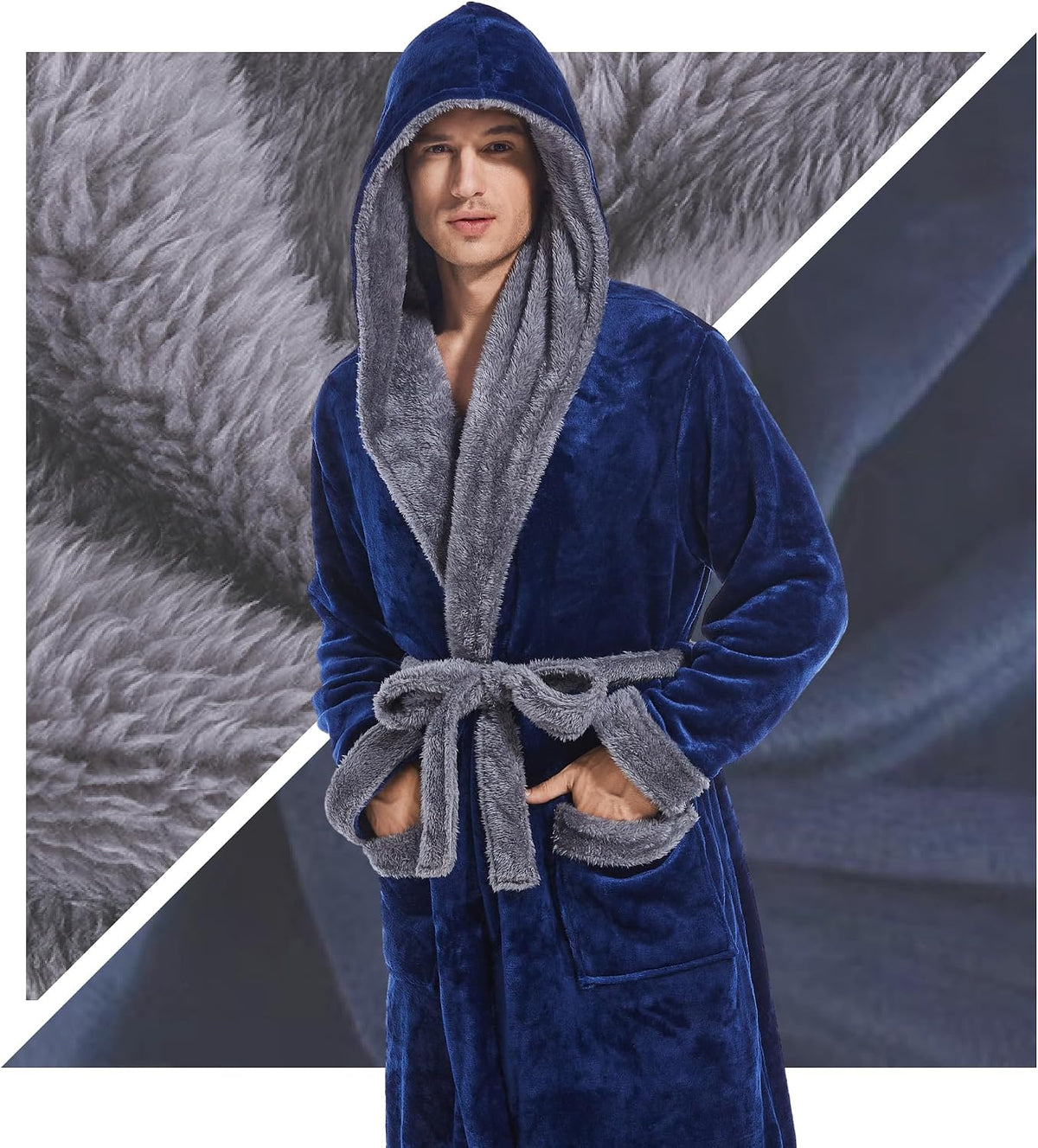Inner Wish Mens Hooded Robe, Plush Long Highly Absorbent Bath robes Cozy Warm Bathrobe Fuzzy male Spa Robe With Pockets