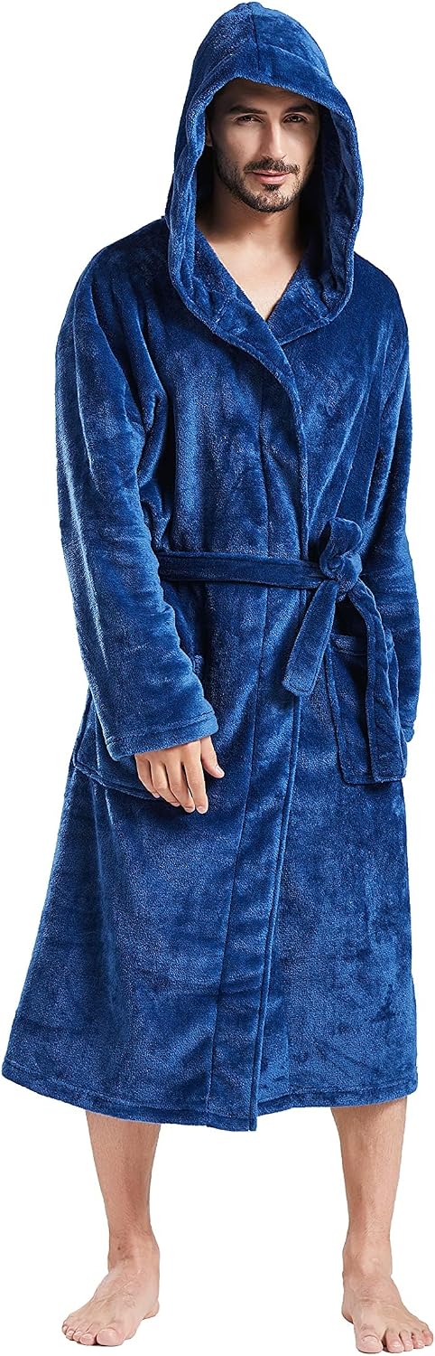 FashGudim Mens Hooded Robe Plush Shawl Collar Kimono Bathrobe Soft Warm Flannel Fleece Spa Robes House Coat Pajamas