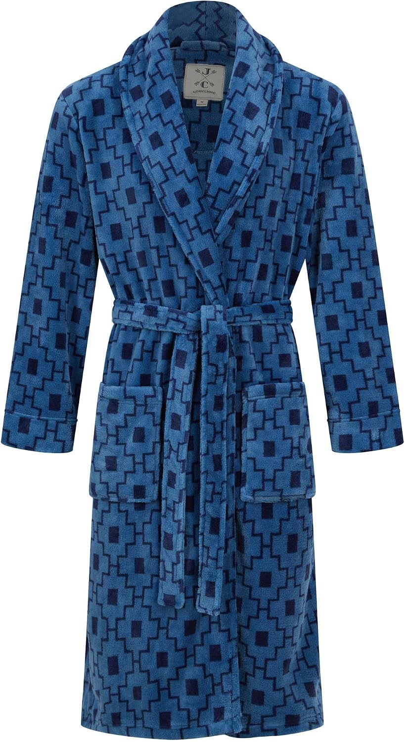 John Christian Men's Fleece Robe, Blue Geometric Pattern