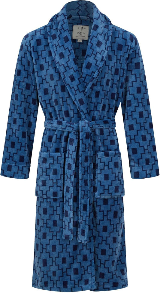 John Christian Men's Fleece Robe, Blue Geometric Pattern