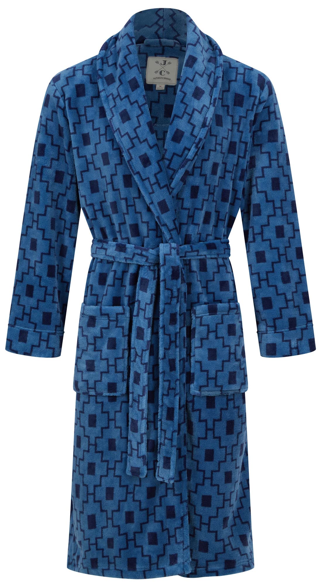 John Christian Men's Fleece Robe, Blue Geometric Pattern