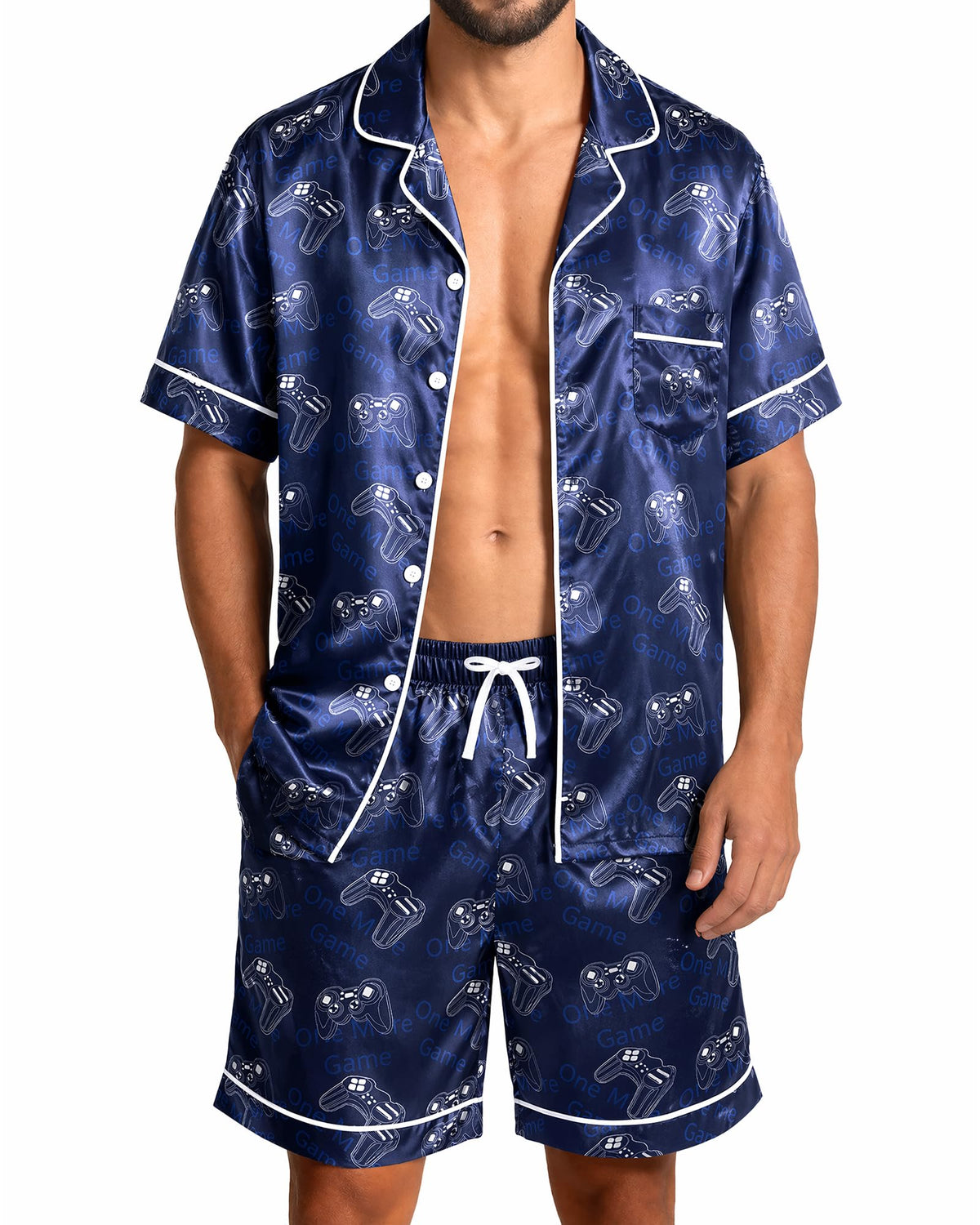 Mens Satin Silky Pajamas Set Short Sleeve Button Down Sleepwear Pjs Summer 2 PCS Loungewear with Pockets M-2XL