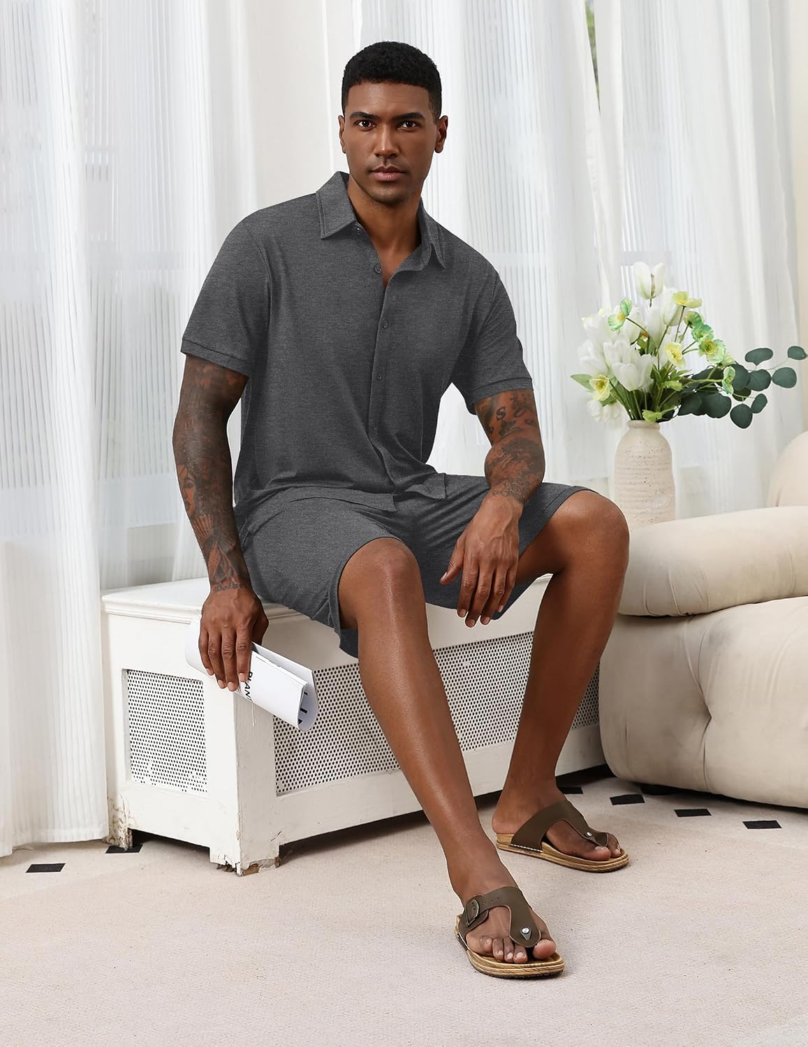 Ekouaer Men's Pajama Sets Button Down Summer Pjs Hawaiian Lounge Set XS-XXL