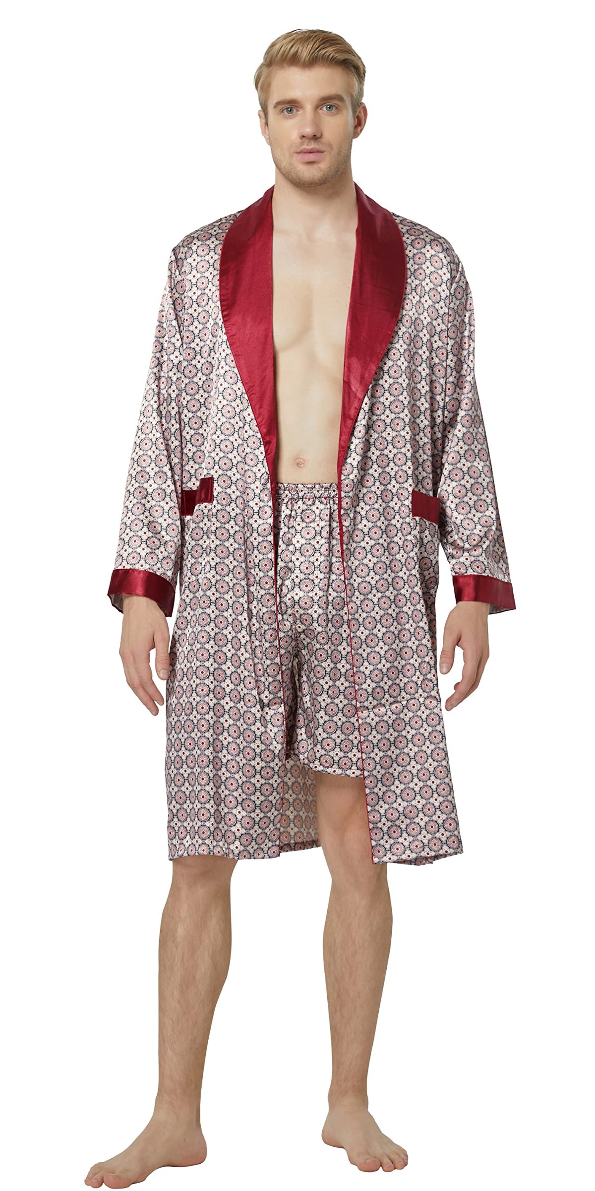 Mens Satin Robe Long Sleeve Silk Kimono Bathrobe with Shorts Set Sleepwear
