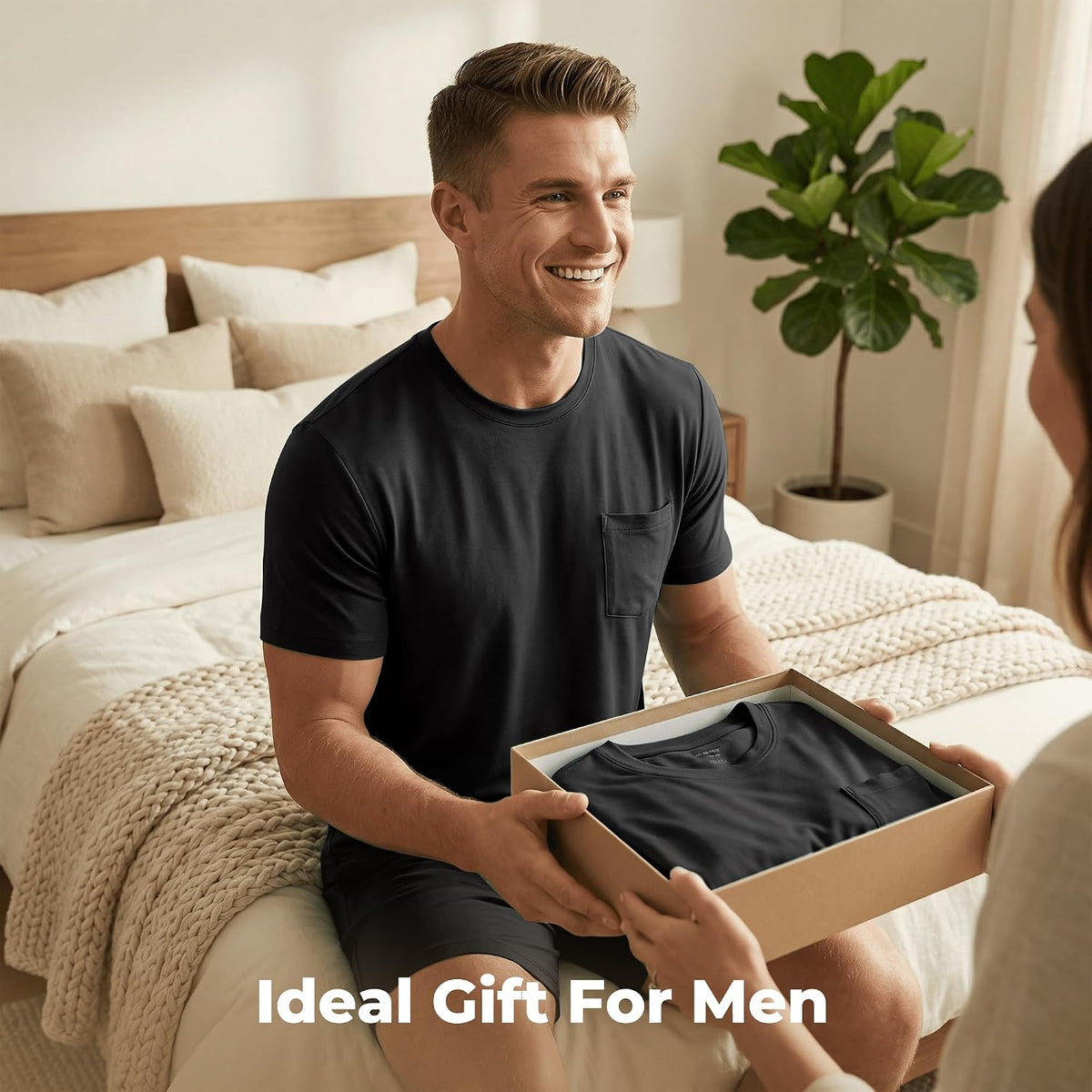 Mens Pajamas Set Cooling Viscose Made from Bamboo: Short Sleeve Shirt and Shorts, Soft Sleepwear Loungewear Summer