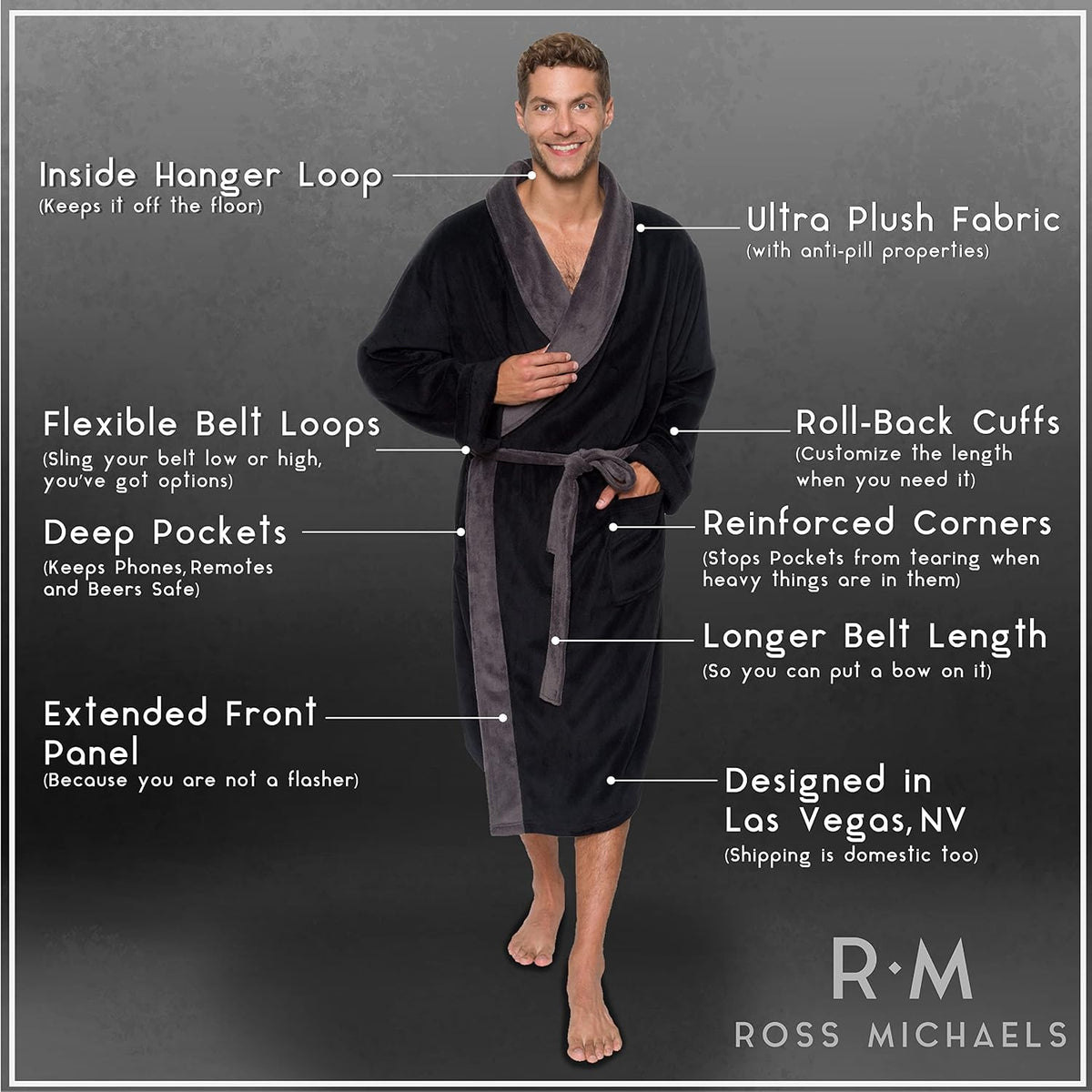 Ross Michaels Mens Robe Shawl Collar Wrap Style - Mid Length Plush Fleece Bathrobe