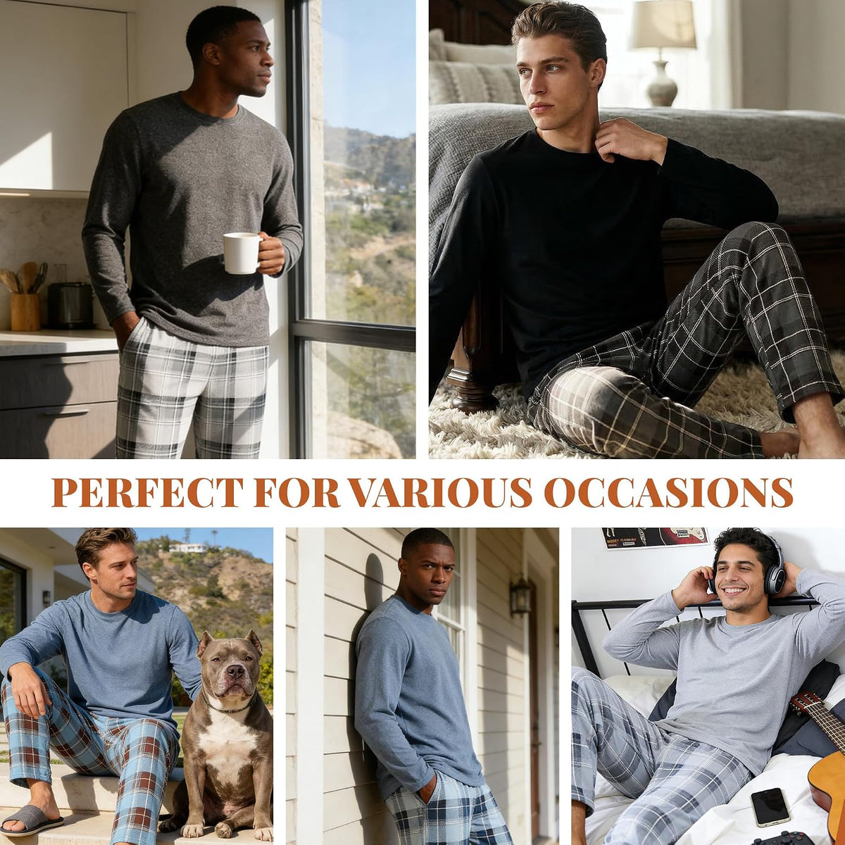 Vulcanodon Mens Pajama Set Soft Cozy Long Sleeve Crewneck Sleepwear Plaid Pants with Pockets Casual Loungewear for Men