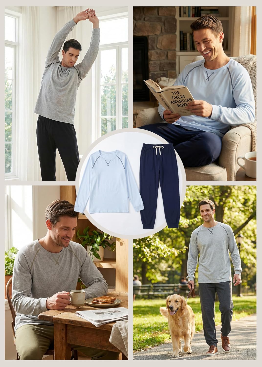 U2SKIIN Mens Organic Cotton Pajama Set Crew Neck Long Sleeve Sleepwear Pjs