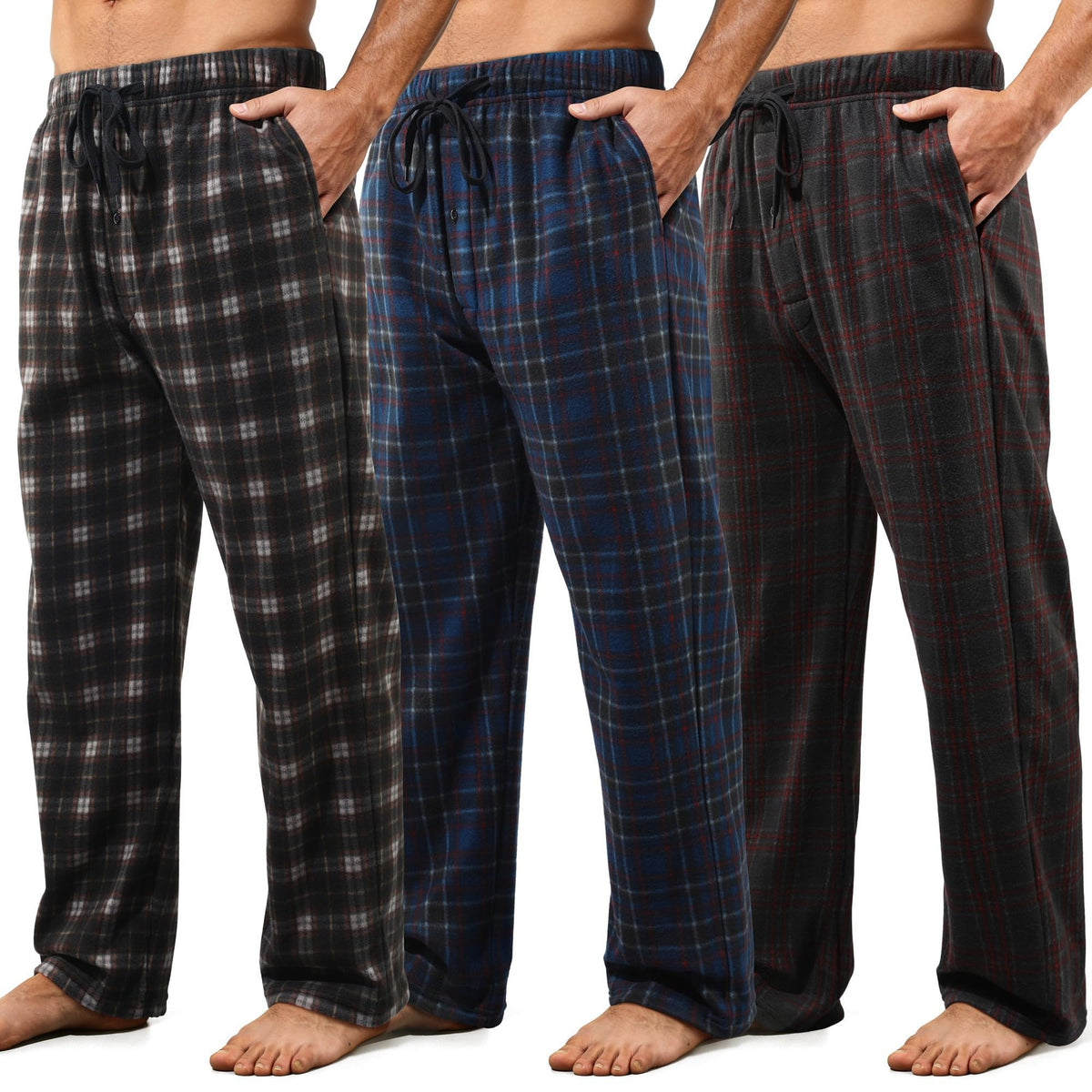 3 Pack Mens Pajama Pants Microfleece Plaid Sleep Lounge PJ Bottoms