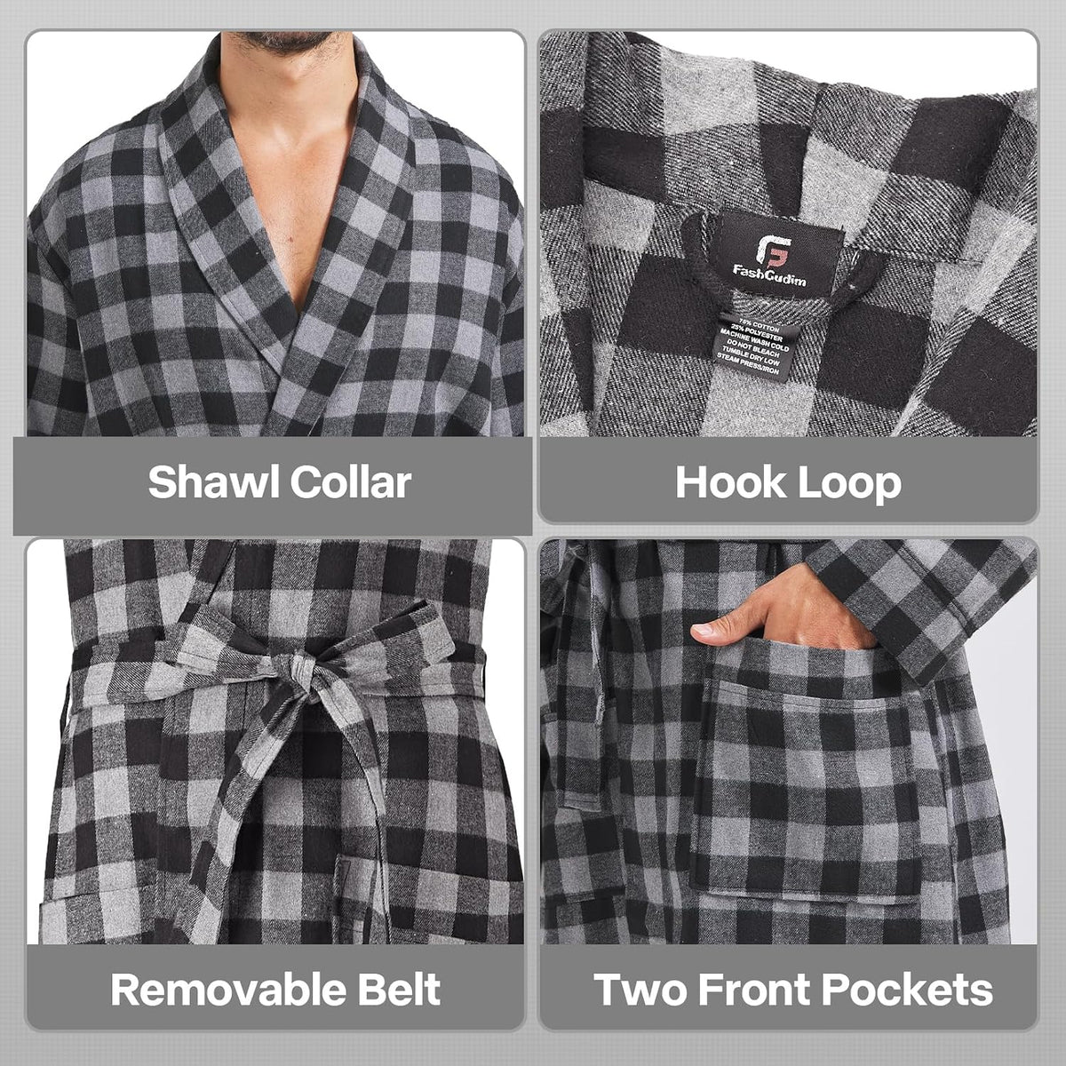 FashGudim Mens Buffalo Plaid Cotton Robe Lightweight Bathrobe Shawl Collar Kimono Sleepwear Loungewear House Robes