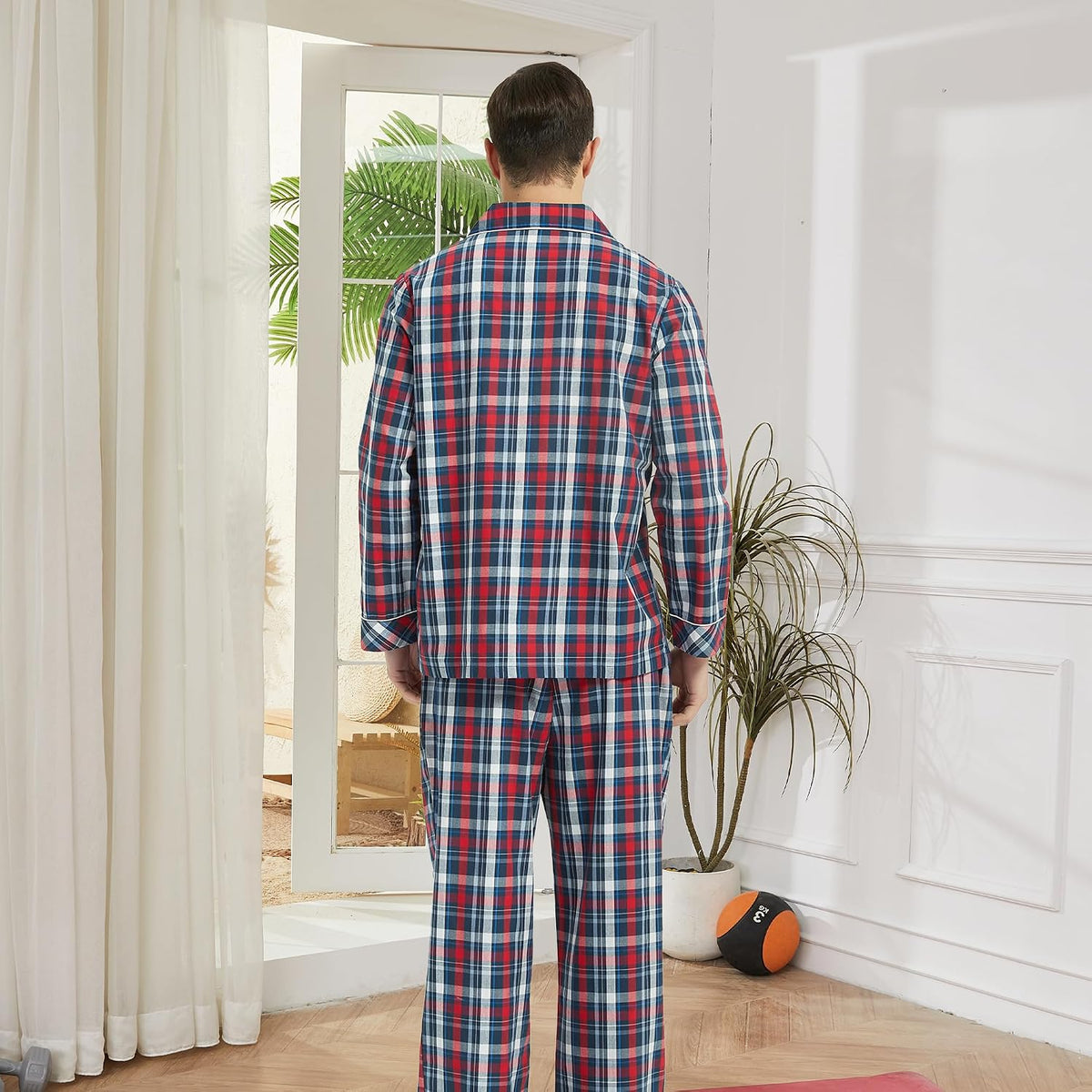 Vulcanodon Mens Cotton Pajama Set, Plaid Button Down Woven Sleepwear