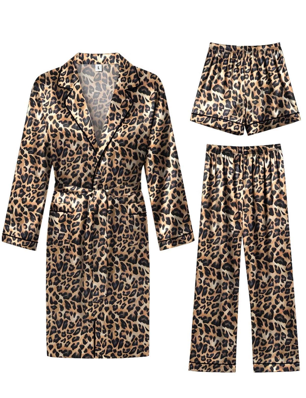 SWOMOG Men's 3 Pcs Robe Silk Satin Bathrobe with Shorts&Pants Set Soft Sleepwear Lightweight Loungewear