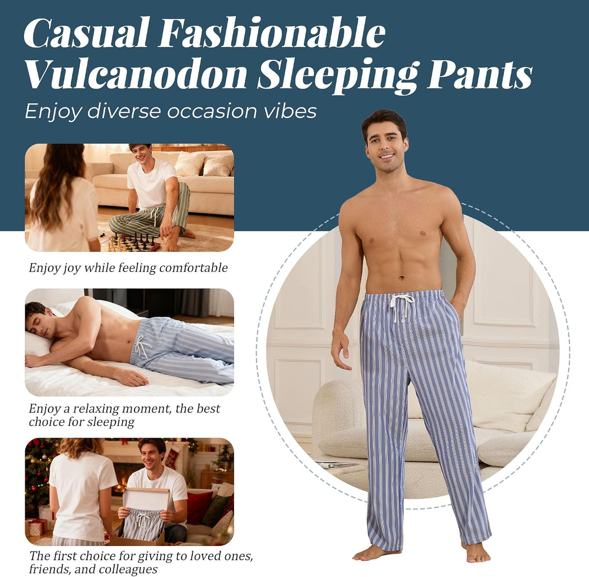 Vulcanodon Men Striped Pajama Pant Cozy Lightweight Lounge Pj Bottom