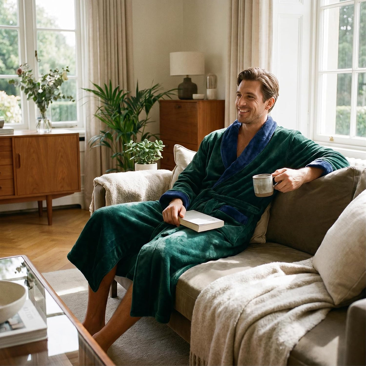 Vulcanodon Mens Robe Plush Fleece Shawl Collar Bathrobe Warm Soft Cozy Lounge Robe with Pockets