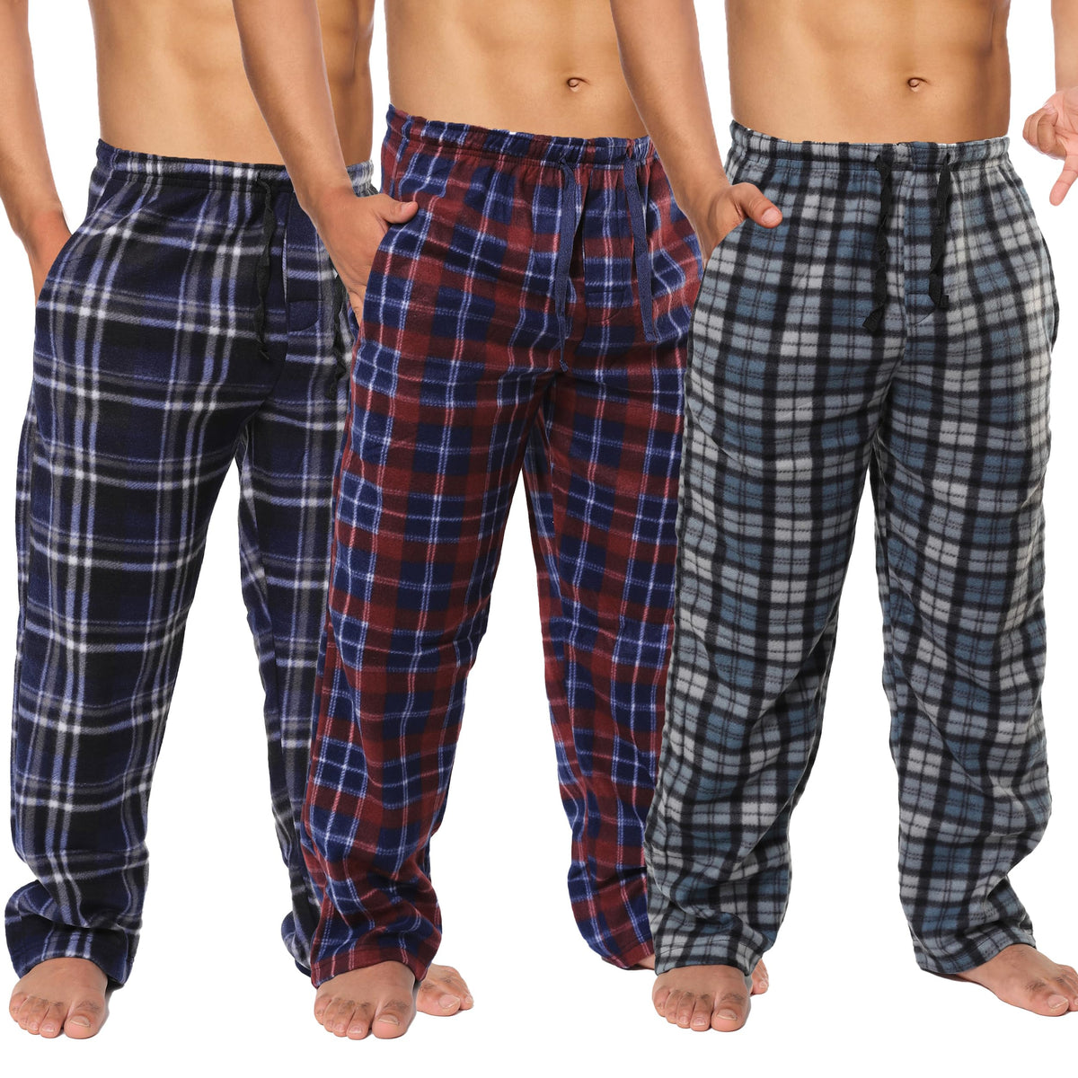 Active Club 3 Pack Mens Fleece Pajama Pants - Plaid Lounge (S- 3X)