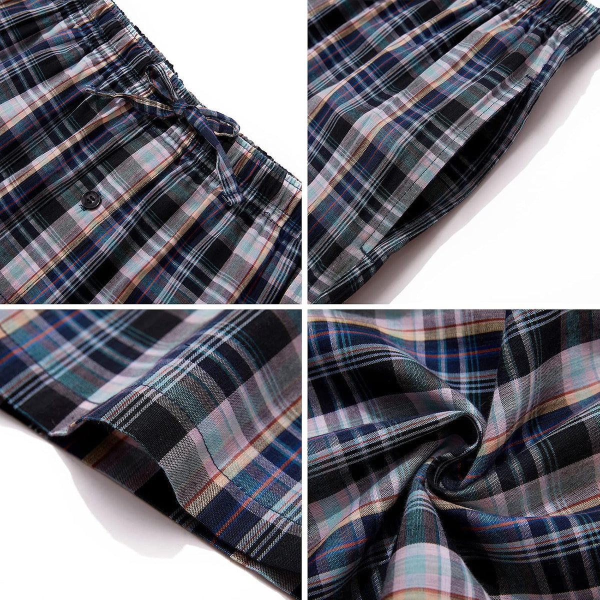 JupiterSecret Mens Pajama Pants Set Cotton Lightweight Plaid Sleep & Lounge 3-Pack PJ Bottoms with Pockets and Button Fly