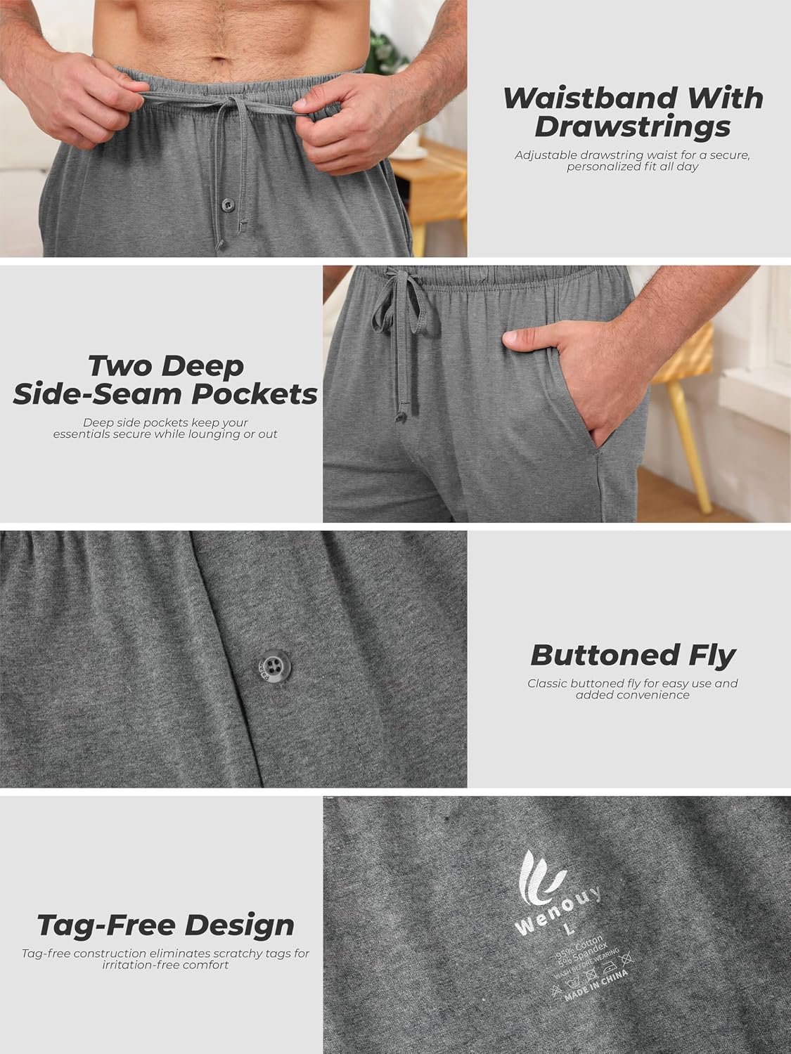 Men's Cotton Pajama Pants Soft Pjs Bottoms Lounge Sleepwear