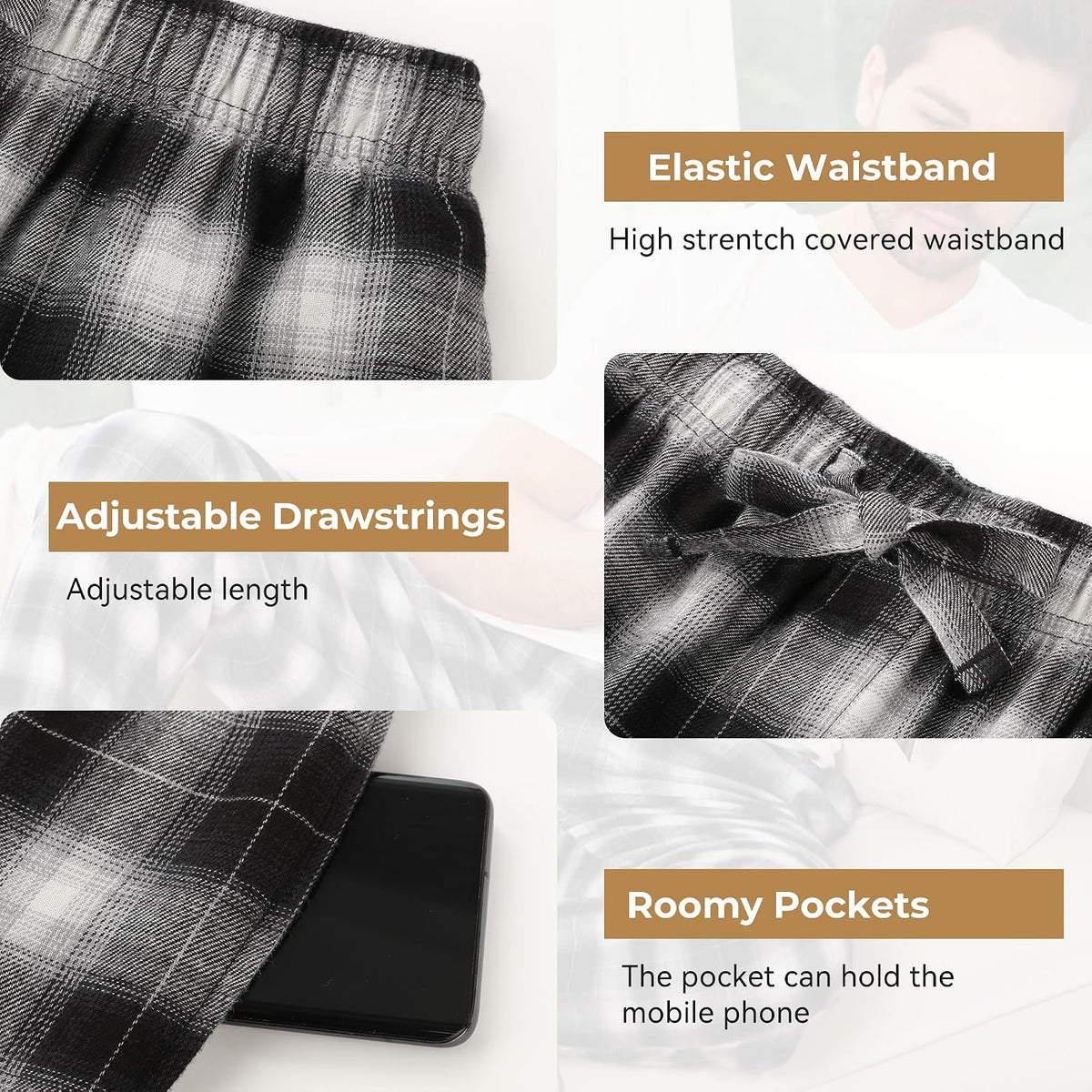 BAMBOO COOL Men's Pajama Bottoms Plaid Pajamas Pants Soft Lounge Woven Pj