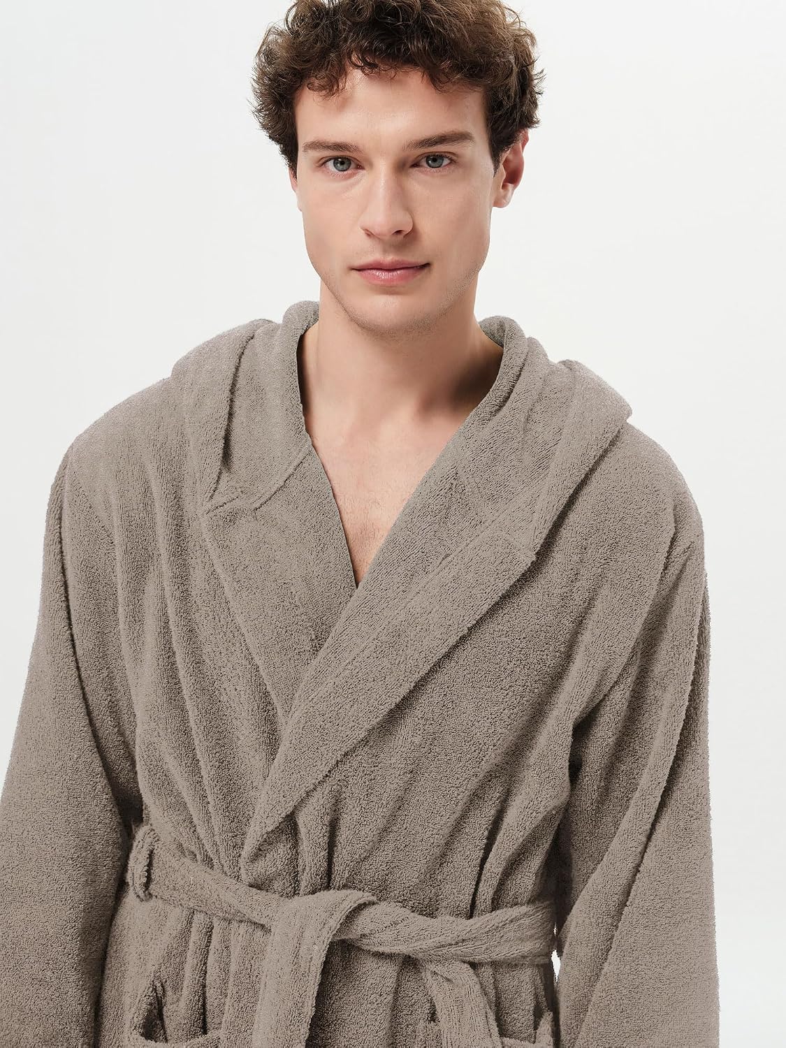 SIORO Mens Terry Bath Robe, Plush Hooded Cotton Cloth Knee-Length Robes for Spa, Shower, Soft Towel Bathrobes with Pockets