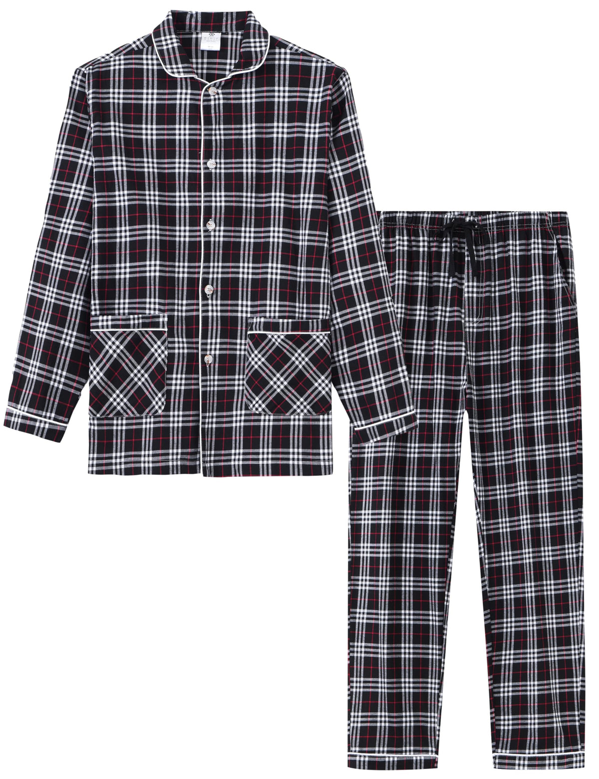 MoFiz Mens Pajama Set Soft Cotton Button Down Notched Collar Pjs Long Sleeve 2 Piece Sleepwear Lounge Nightwear with Pocket