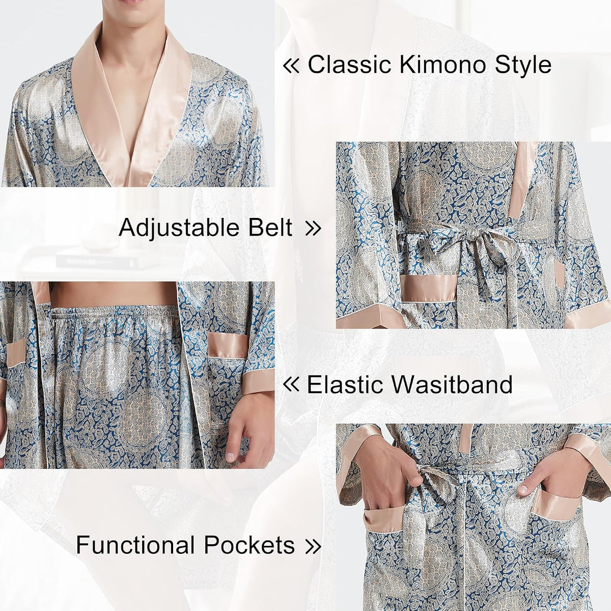 Haseil Men's Luxurious Kimono Robe with Shorts Silk Satin Bathrobes Lightweight Long Sleeve Sleepwear Set
