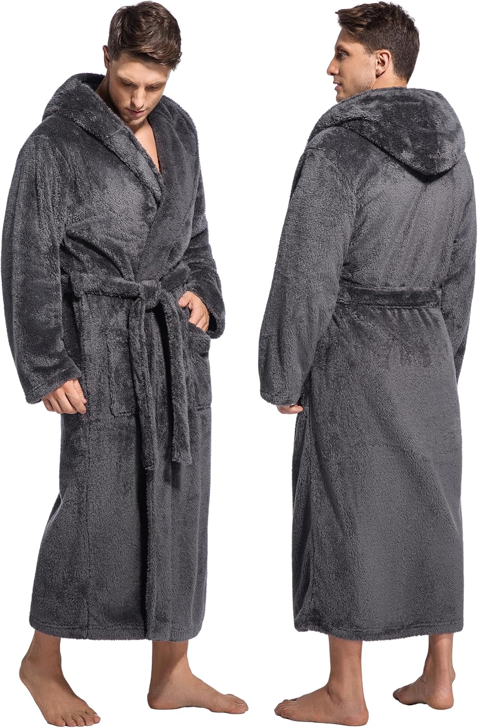 ToastyLife Mens Soft Plush Fleece Long Robe, Hooded Bathrobe with Pockets