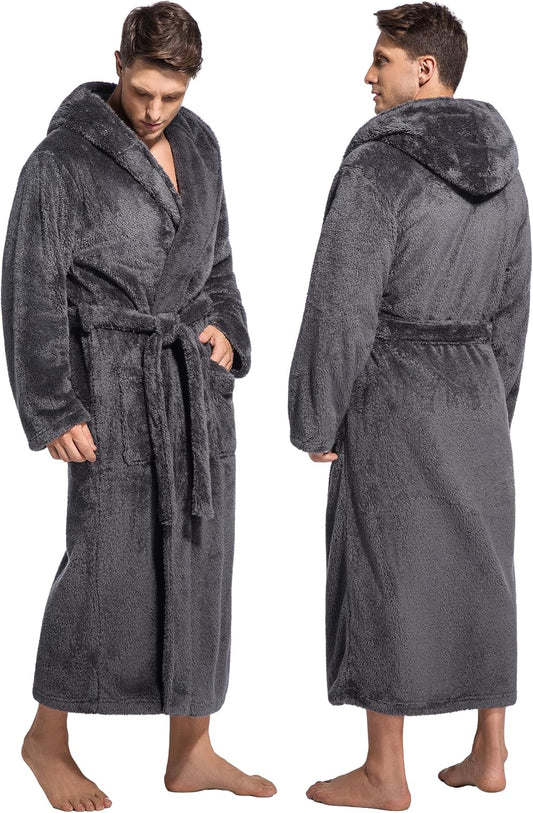 ToastyLife Mens Soft Plush Fleece Long Robe, Hooded Bathrobe with Pockets