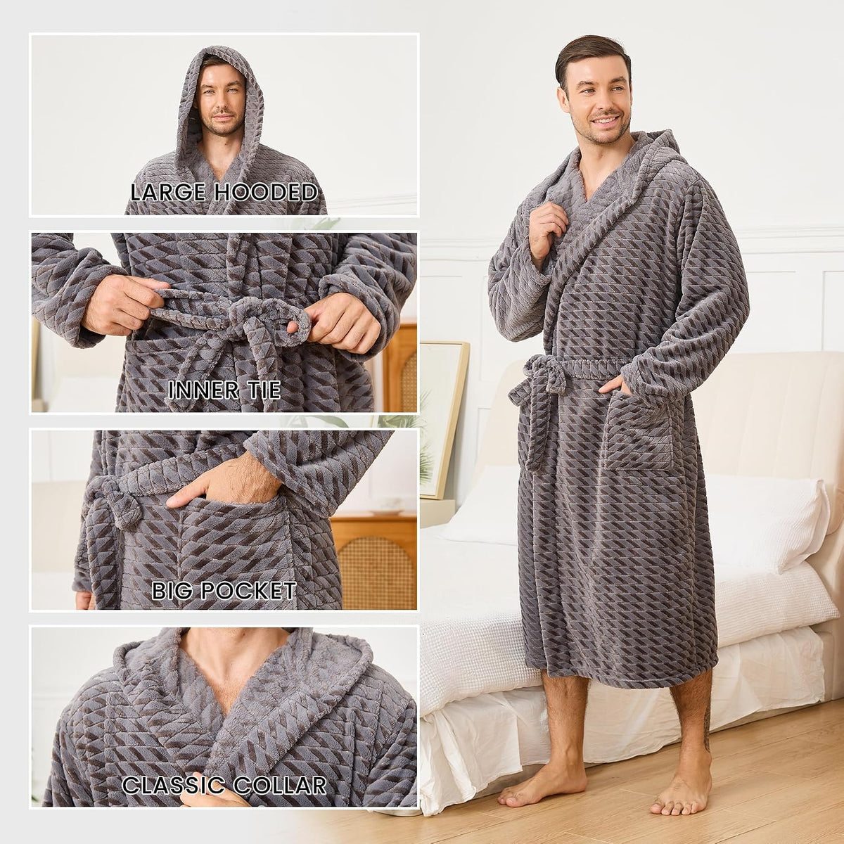 U2SKIIN Mens Plush Fleece Hooded Robe, Soft Warm Long Bathrobe with Pockets, Cozy Spa Shower Robe for Men