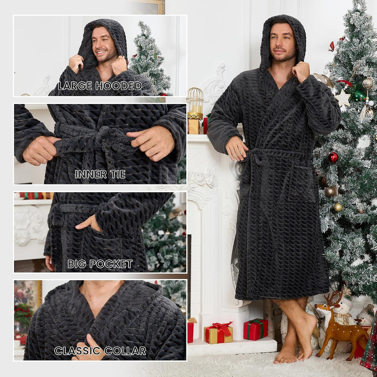 U2SKIIN Mens Plush Fleece Hooded Robe, Soft Warm Long Bathrobe with Pockets, Cozy Spa Shower Robe for Men