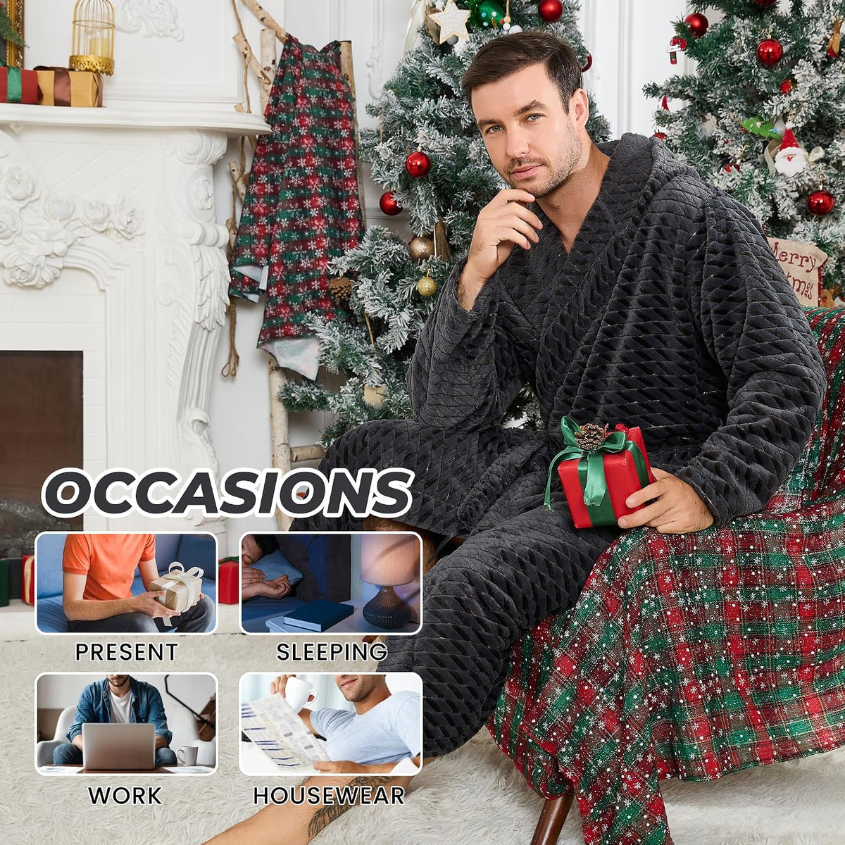 U2SKIIN Mens Plush Fleece Hooded Robe, Soft Warm Long Bathrobe with Pockets, Cozy Spa Shower Robe for Men