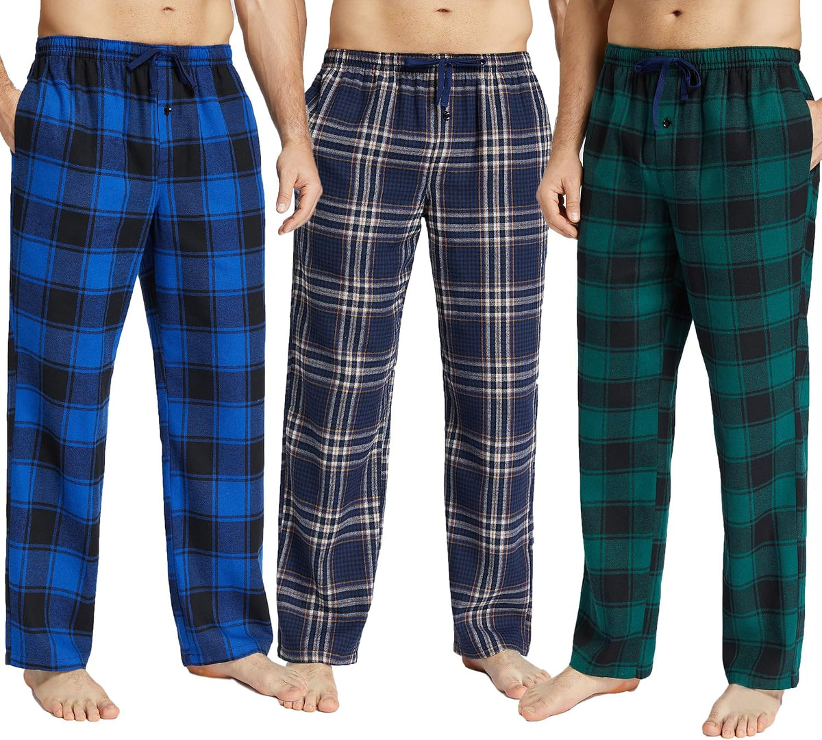 JupiterSecret Mens Pajama Pants Set Flannel Cotton Sleep & Lounge Pants 3 Pack, PJ Bottoms with Pockets and Button Fly