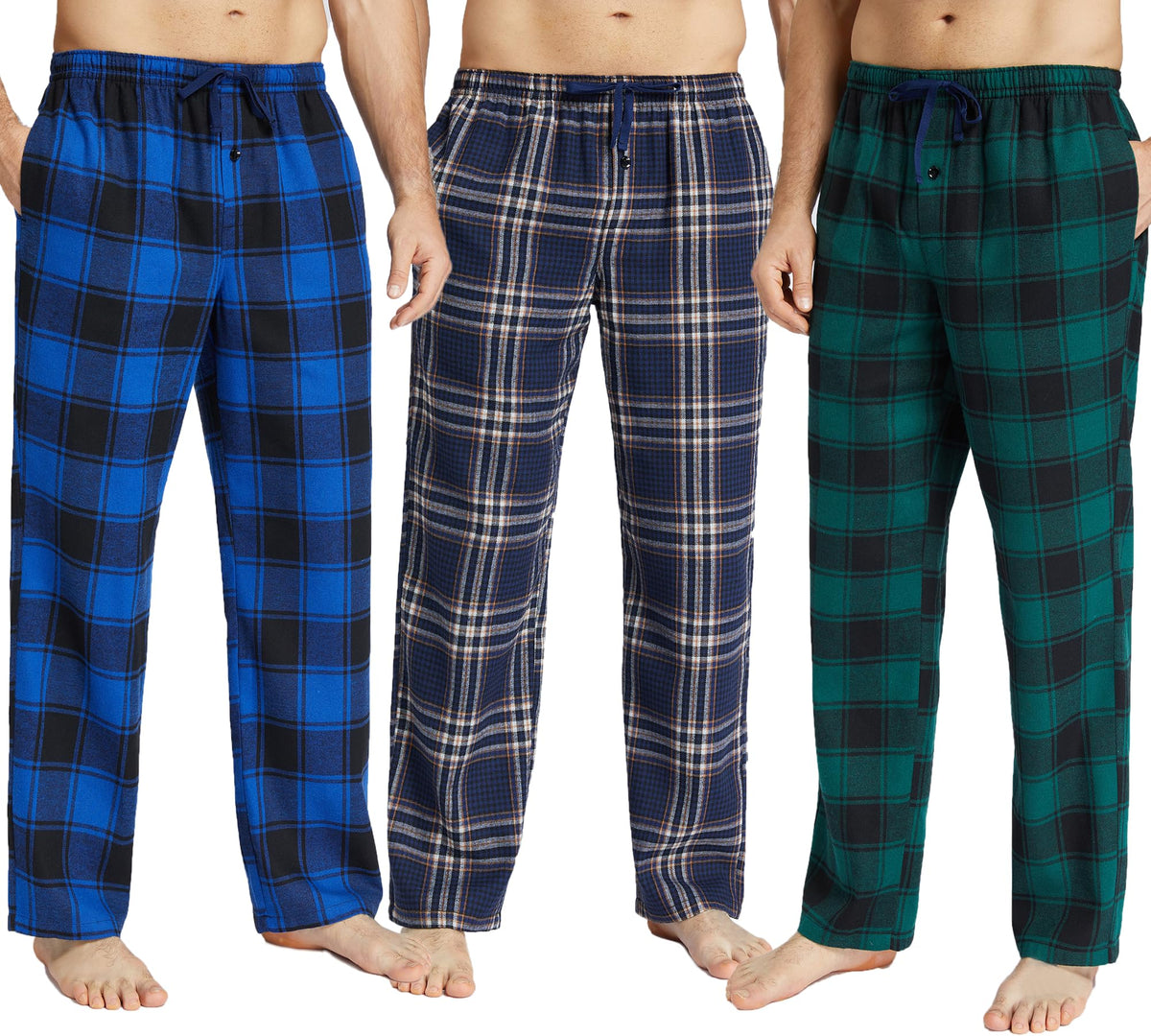 JupiterSecret Mens Pajama Pants Set Flannel Cotton Sleep & Lounge Pants 3 Pack, PJ Bottoms with Pockets and Button Fly