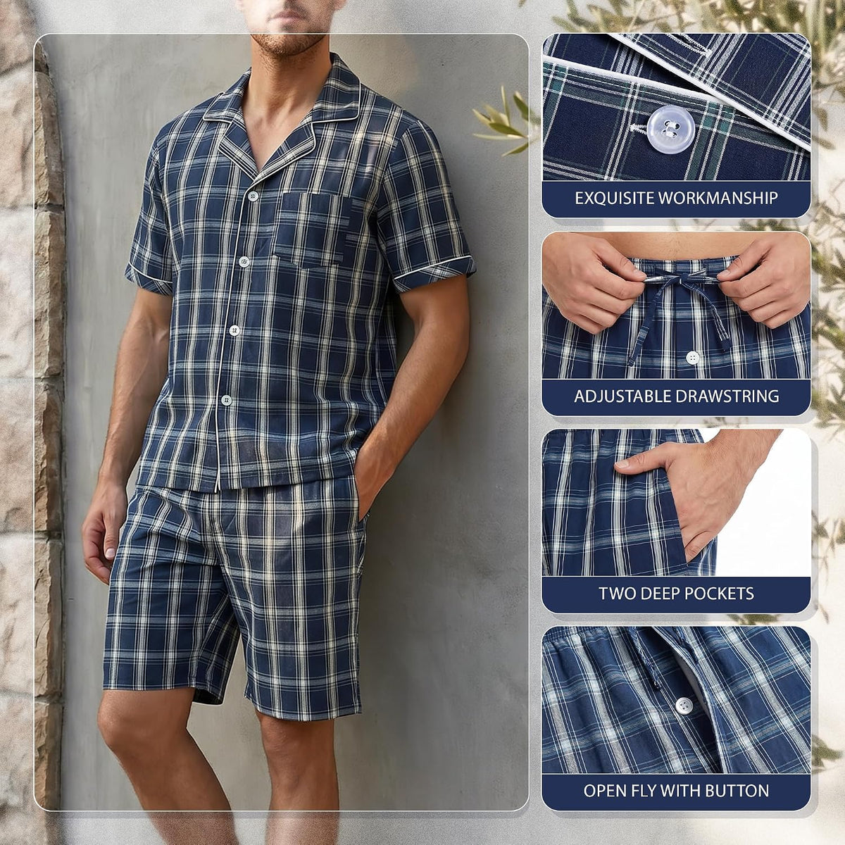 Vulcanodon Mens Cotton Pajama Set Short Sleeve Lightweight Sleepwear
