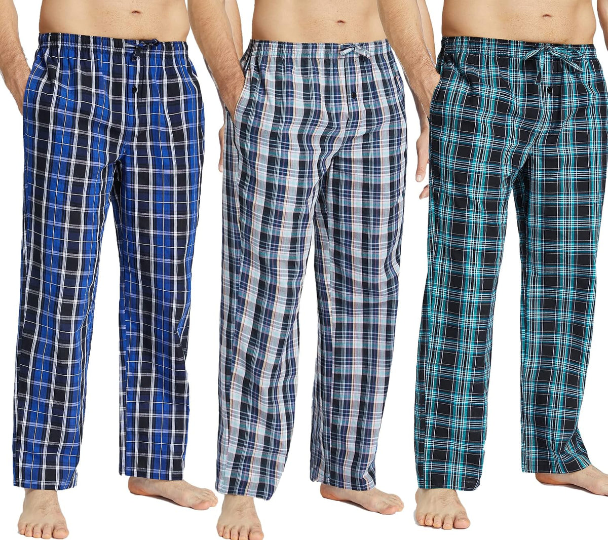 JupiterSecret Mens Pajama Pants Set Cotton Lightweight Plaid Sleep & Lounge 3-Pack PJ Bottoms with Pockets and Button Fly