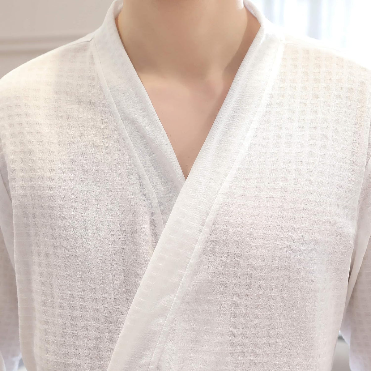 Rojeam Men's Kimono Waffle Robe Unisex Lightweight Soft Knee Length Spa Bathrobe Sleepwear with Pockets