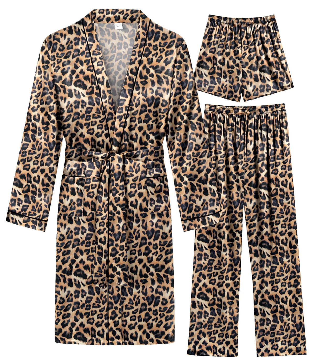 SWOMOG Mens 3 PCS Satin Robe with Pants & Shorts Set Kimono Bathrobe Long Sleeve Sleepwear Pjs Sets with Pockets
