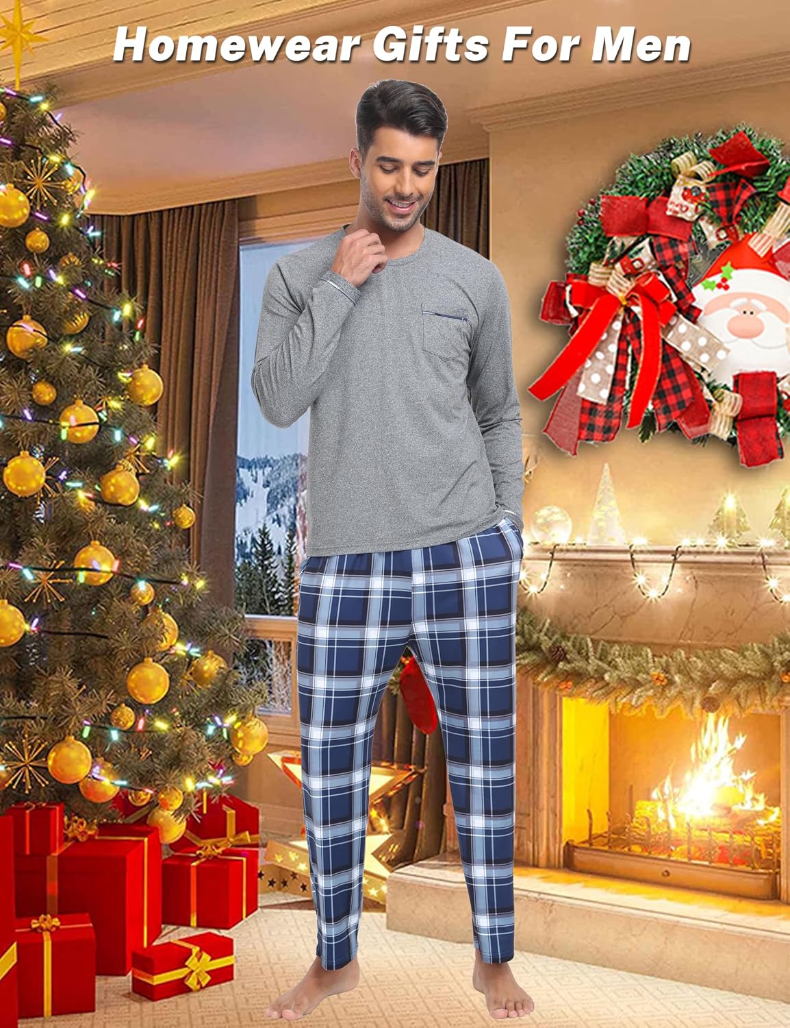 MoFiz Mens Pajamas Sets Long Sleeve Soft Plaid Christmas Pjs with Pockets